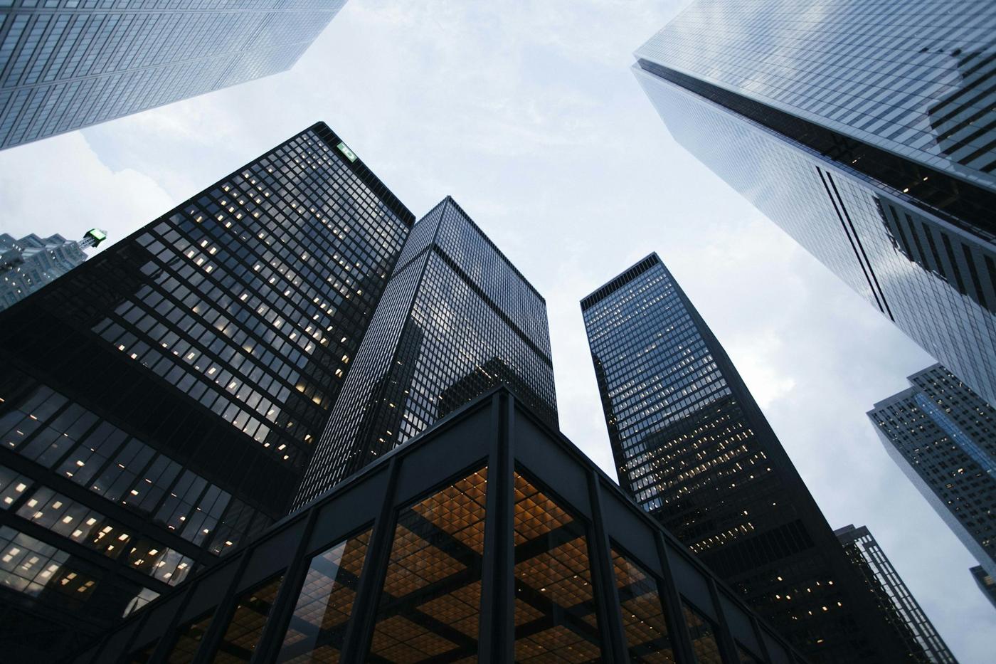 Commercial towers viewed from street level